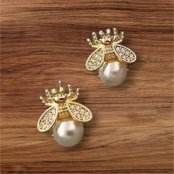 Gold and Silver Bee Pearl Earrings - Picture 2 of 3